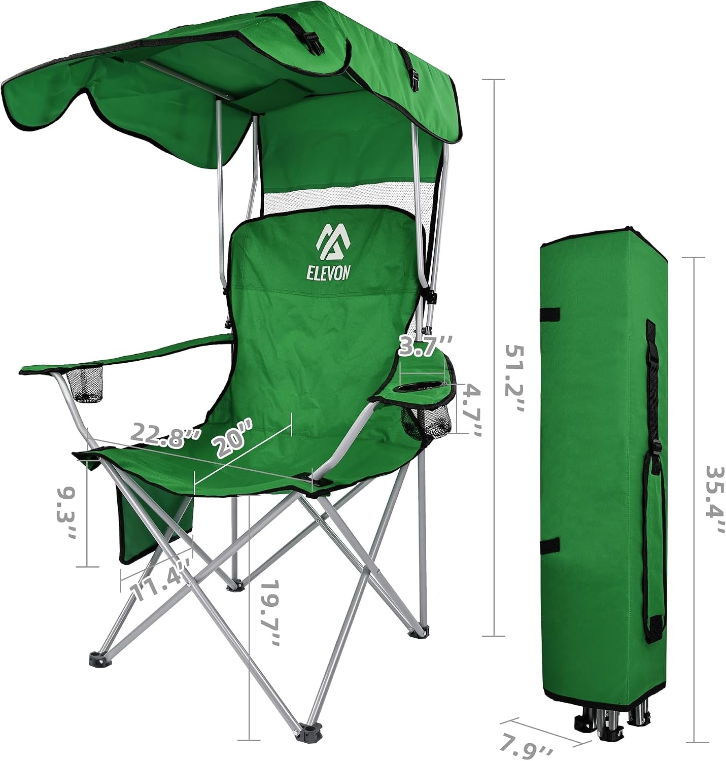 image:imageElevon Camp Chairs with Shade Canopy Chair Folding Camping Recliner Support with Carrying Bag Green