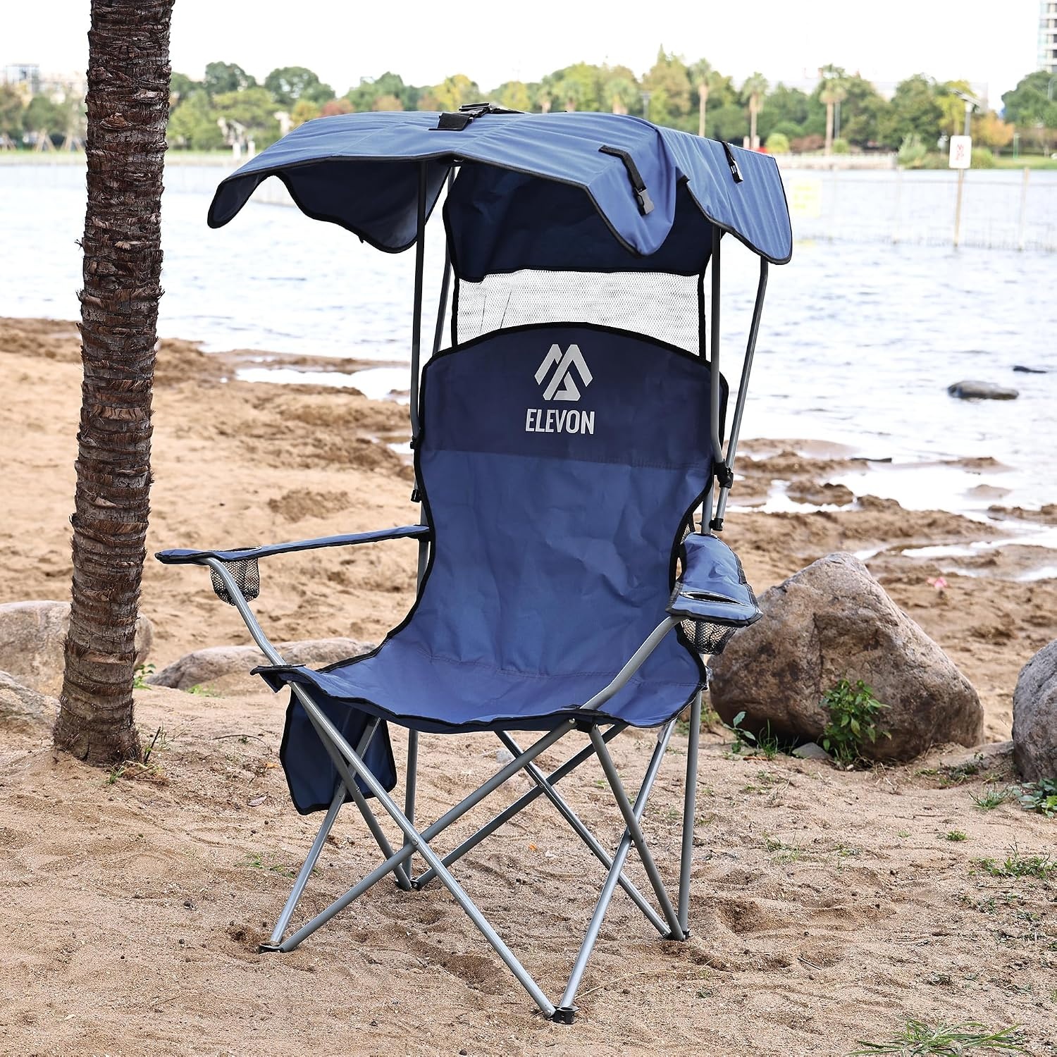 image:imageElevon Camp Chairs with Shade Canopy Chair Folding Camping Recliner Support with Carrying Bag Navy Blue