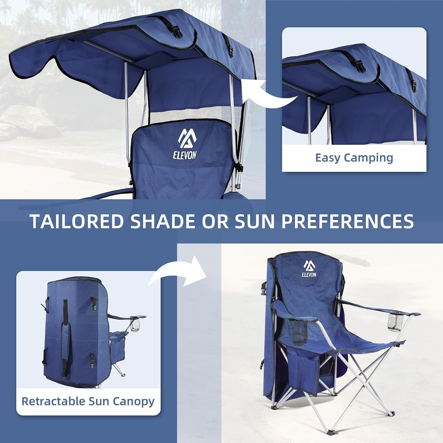 image:imageElevon Camp Chairs with Shade Canopy Chair Folding Camping Recliner Support with Carrying Bag Navy Blue