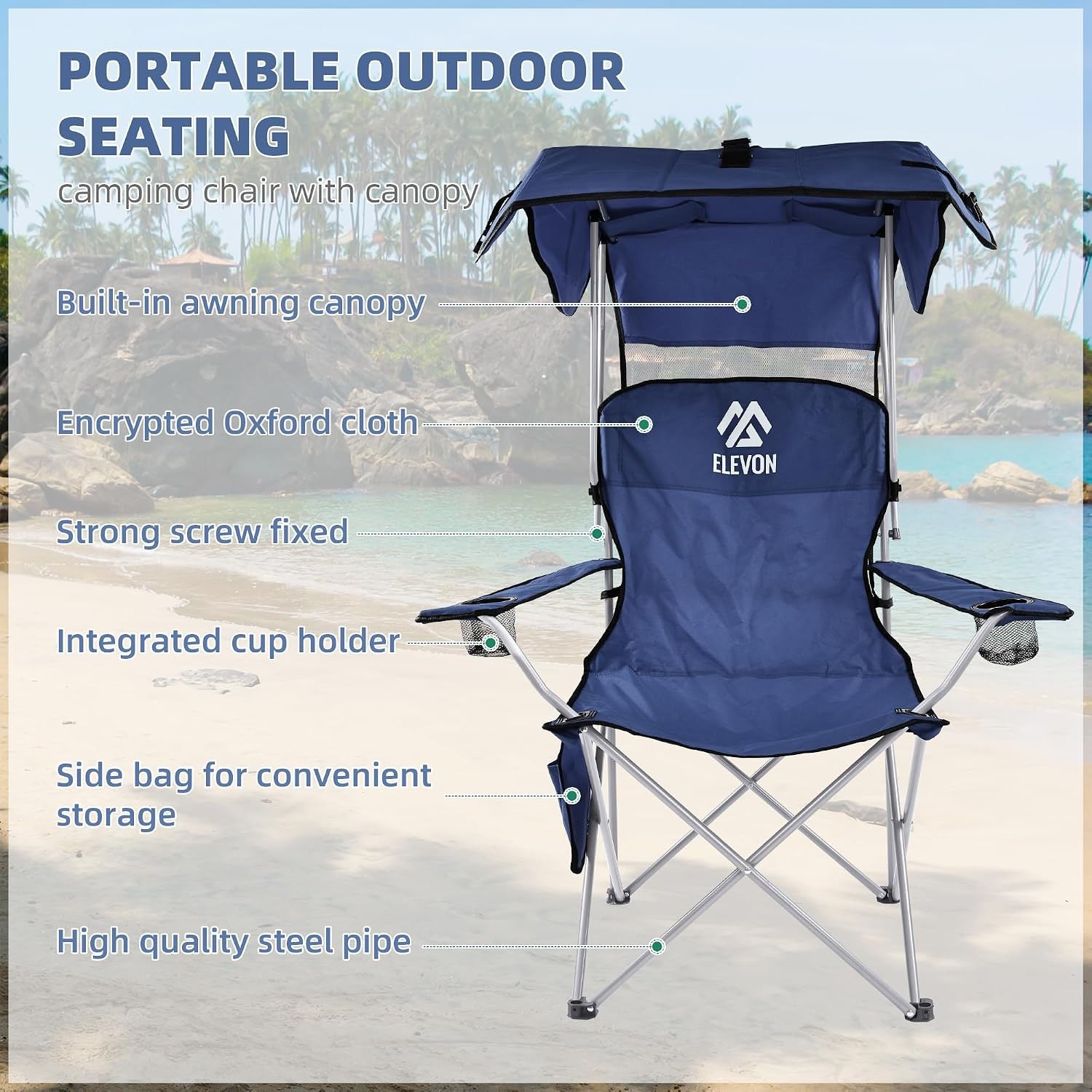 image:imageElevon Camp Chairs with Shade Canopy Chair Folding Camping Recliner Support with Carrying Bag Navy Blue