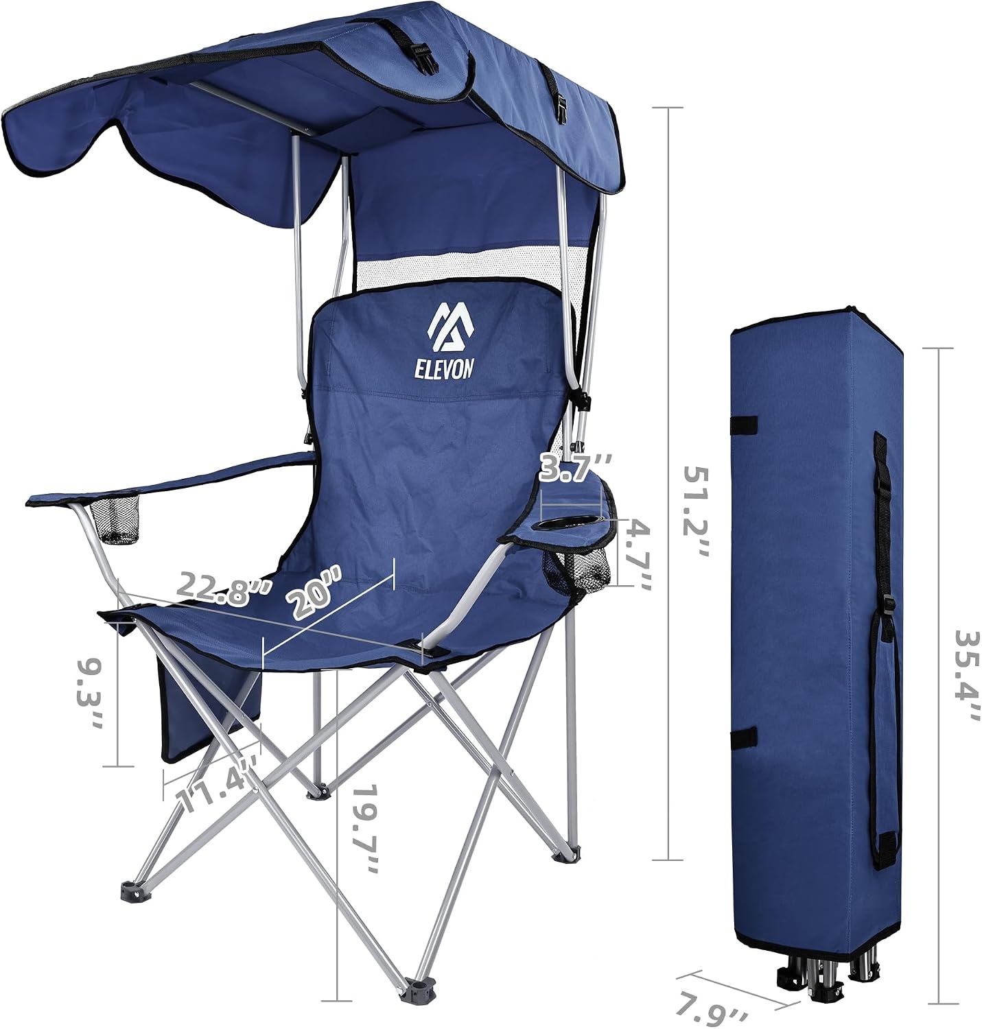 image:imageElevon Camp Chairs with Shade Canopy Chair Folding Camping Recliner Support with Carrying Bag Navy Blue