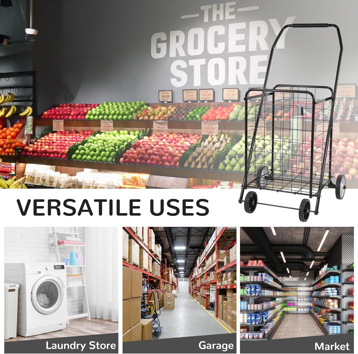 image:imageElevon Foldable Shopping Utility Cart Collapsible Durable Grocery Utility Cart with Rolling Wheels for Easy Storage Laundry Book Luggage Travel Compact Portable BlackRetail Package