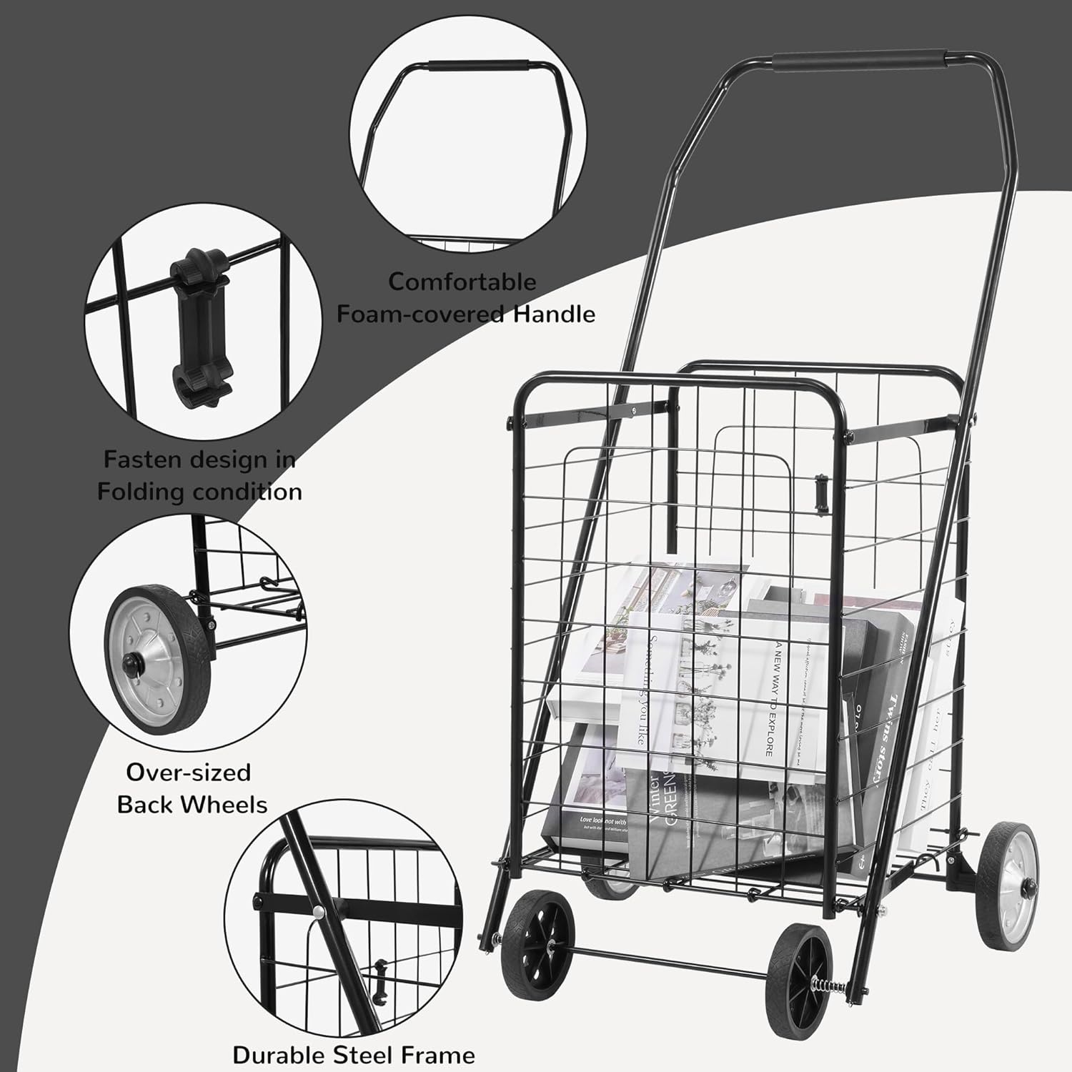 image:imageElevon Foldable Shopping Utility Cart Collapsible Durable Grocery Utility Cart with Rolling Wheels for Easy Storage Laundry Book Luggage Travel Compact Portable BlackRetail Package