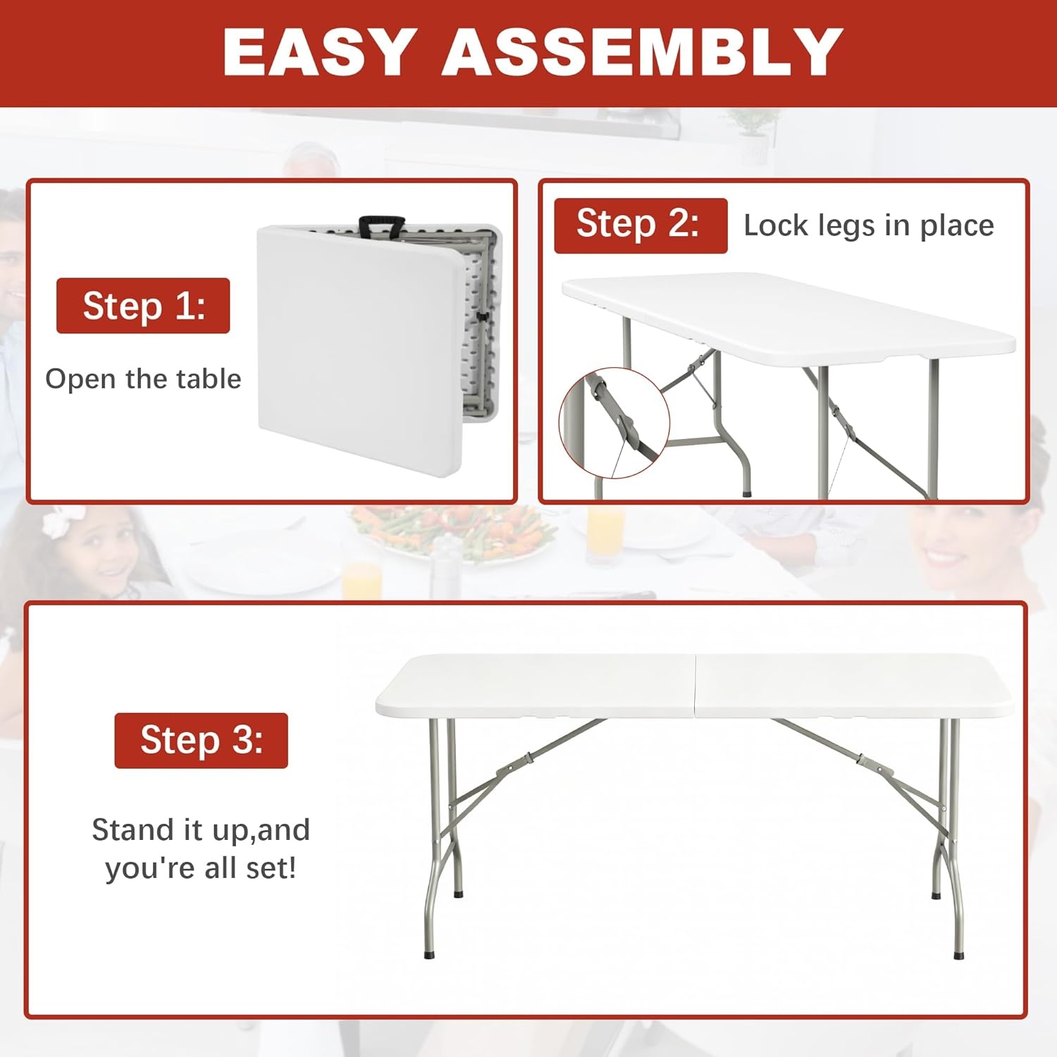 image:imageElevon Folding Table 4 Feet Heavy Duty FoldinHalf Utility Table Indoor Outdoor for Camping Picnic Party6 feet