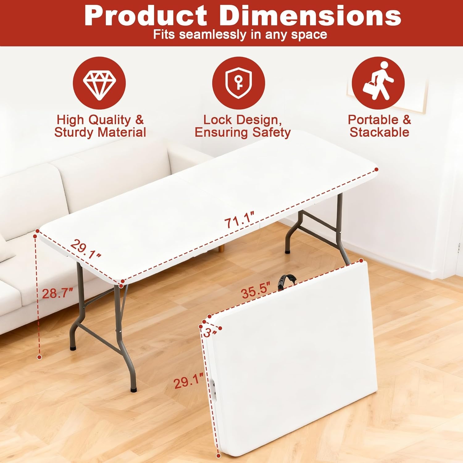 image:imageElevon Folding Table 4 Feet Heavy Duty FoldinHalf Utility Table Indoor Outdoor for Camping Picnic Party6 feet