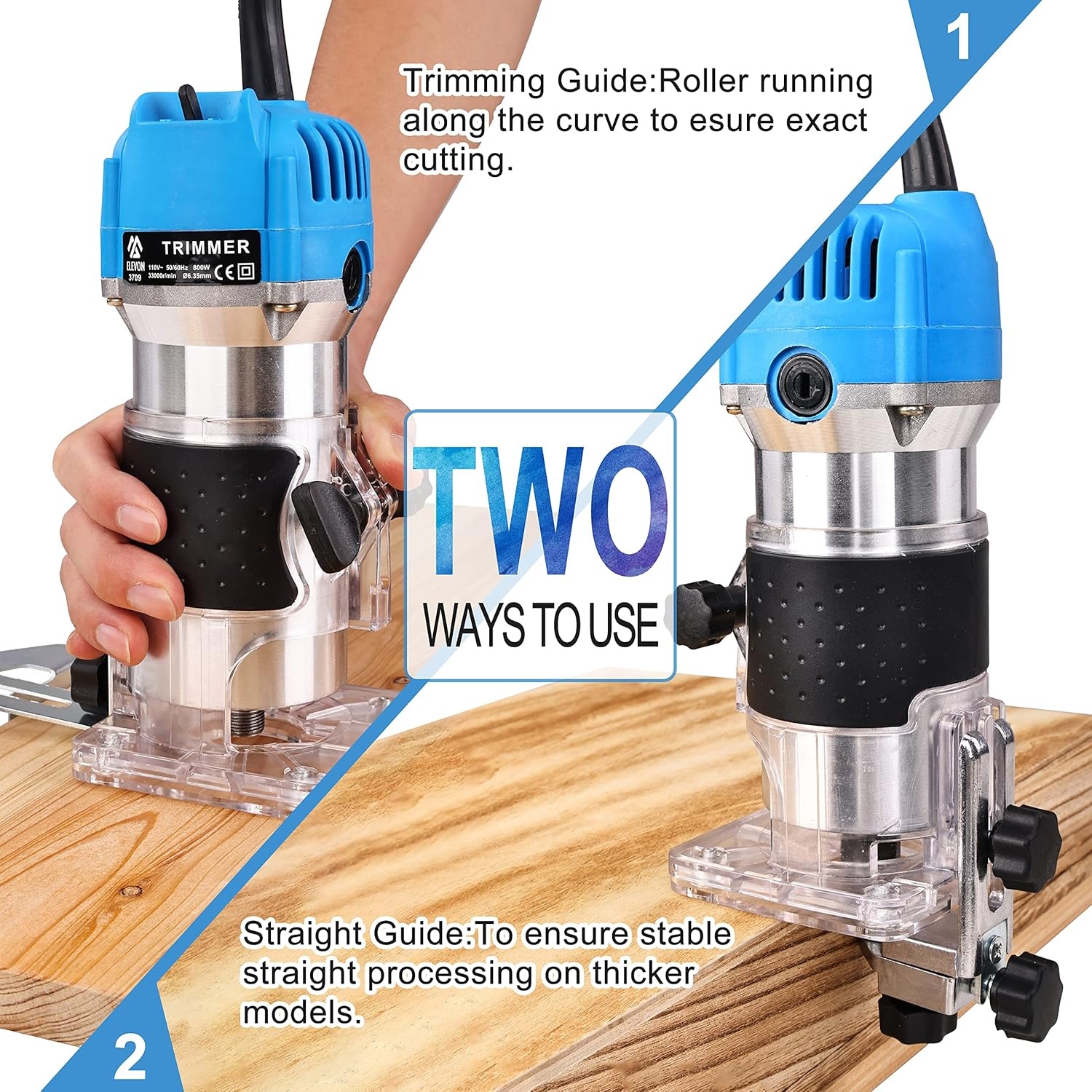 image:imageElevon Wood Router Laminate Milling Engraving Hand Machine Joiner Tool Electric Trimmer 800W 110V Compact Palm Router Woodworking Tools for Woodworking Edge Guide and Roller Guide 26PCS26PCS