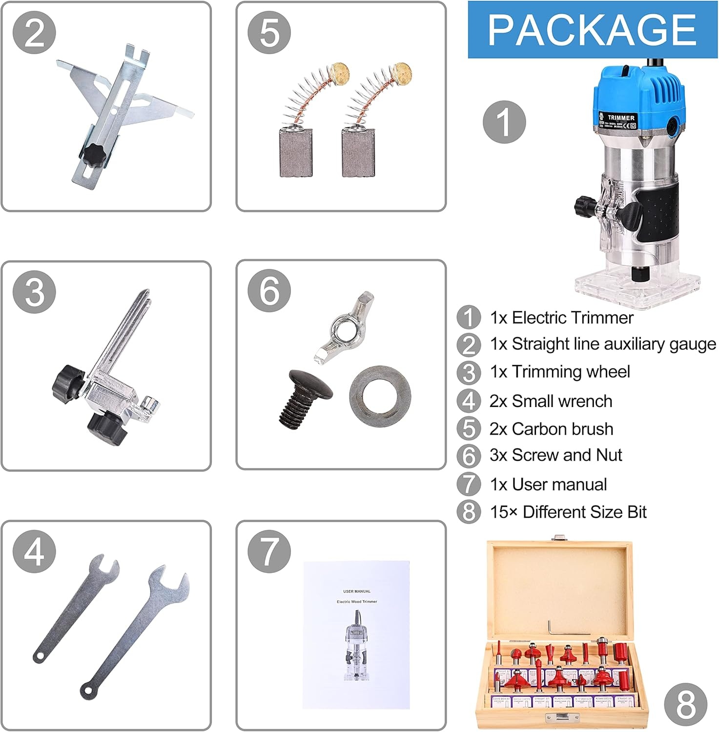 image:imageElevon Wood Router Laminate Milling Engraving Hand Machine Joiner Tool Electric Trimmer 800W 110V Compact Palm Router Woodworking Tools for Woodworking Edge Guide and Roller Guide 26PCS26PCS
