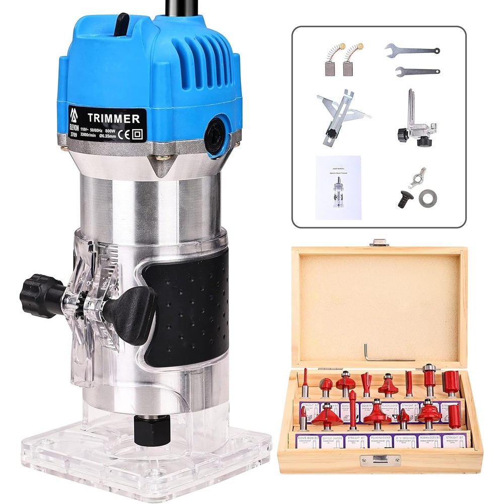 image:imageElevon Wood Router Laminate Milling Engraving Hand Machine Joiner Tool Electric Trimmer 800W 110V Compact Palm Router Woodworking Tools for Woodworking Edge Guide and Roller Guide 26PCS26PCS